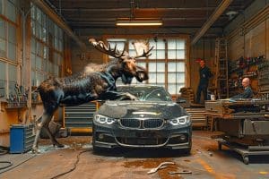 Quand un élan déchaîné pulvérise une précieuse BMW, la stupeur règne dans un garage suédois