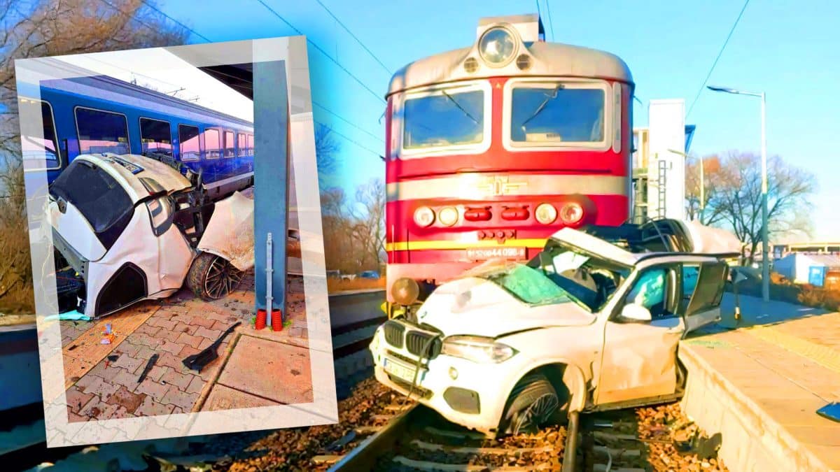 Ce conducteur bulgare de 23 ans sort indemne après que son BMW X5 soit coupé en deux par un train en furie