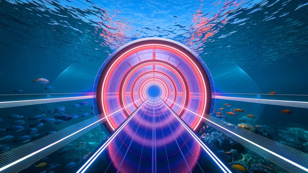 Illustration de la vision futuriste d'un tunnel transatlantique reliant l'Amérique à l'Europe (création par IA, illustration non réaliste). Crédit : Ideogram.