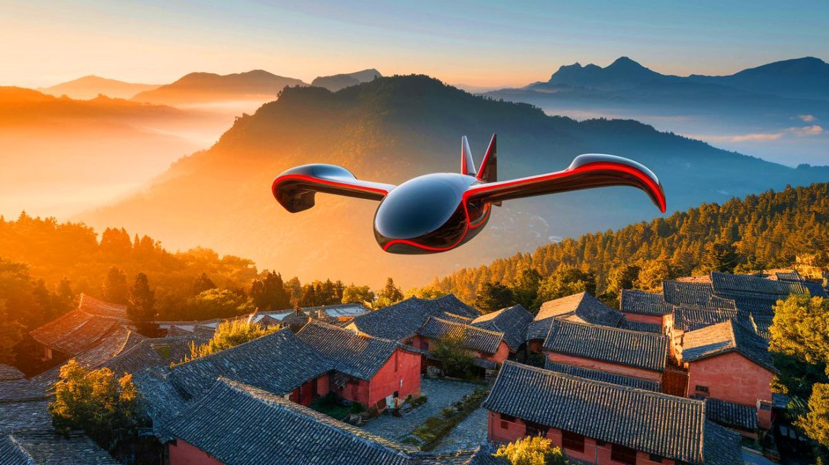 Illustration de taxis volants eVTOL survolant une ville chinoise (création par IA, illustration non réaliste). Crédit : Ideogram.