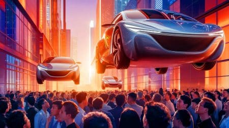 Illustration de voitures volantes du groupe FAW à l'Auto Shanghai (création par IA, illustration non réaliste). Crédit : Ideogram.
