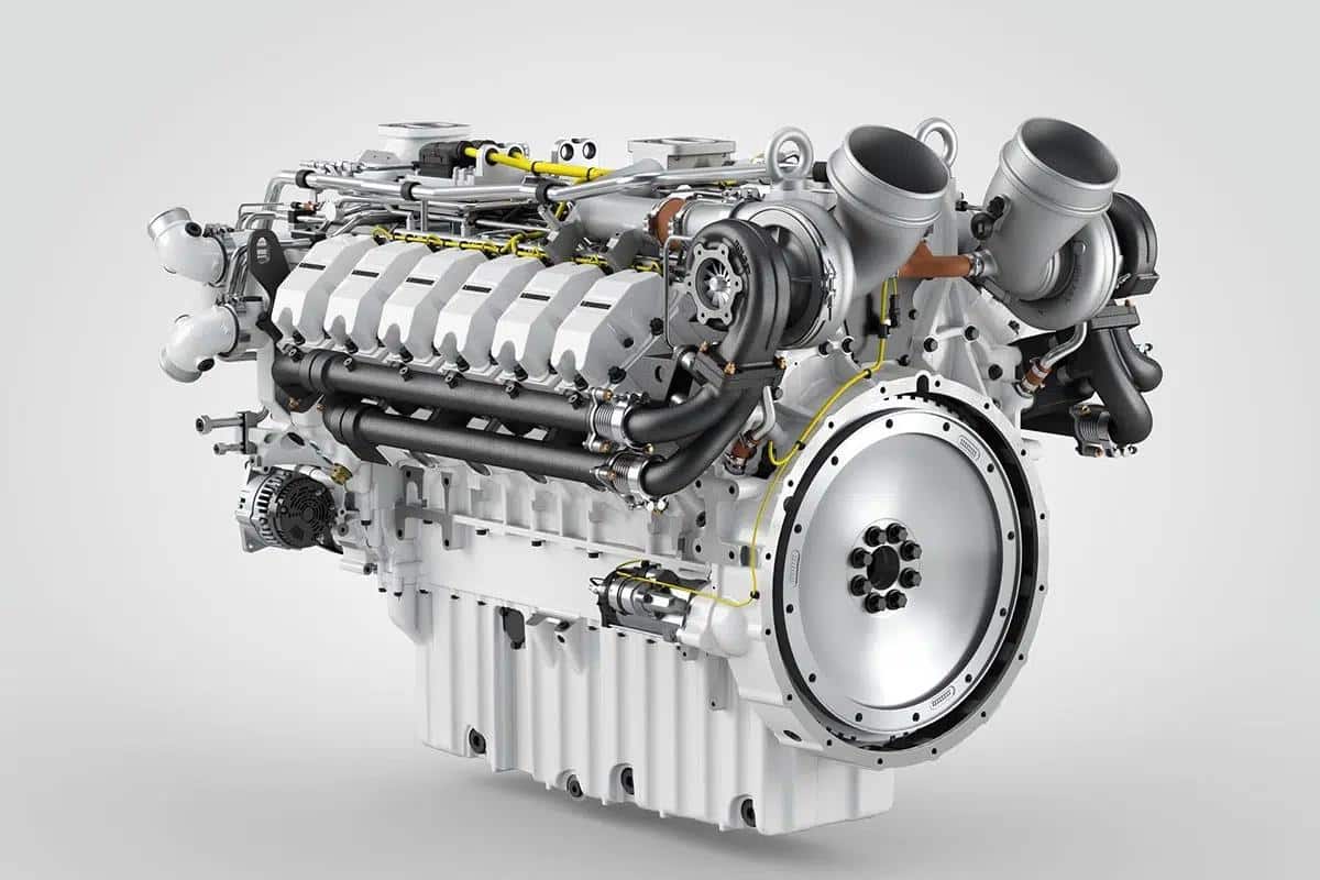 Avant du moteur à ammoniac Liebherr 2025, un bloc industriel massif à combustion propre.