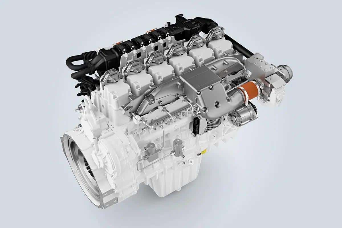 Arrière du moteur à ammoniac Liebherr 2025, avec ligne d'échappement et modules de gestion intégrés.
