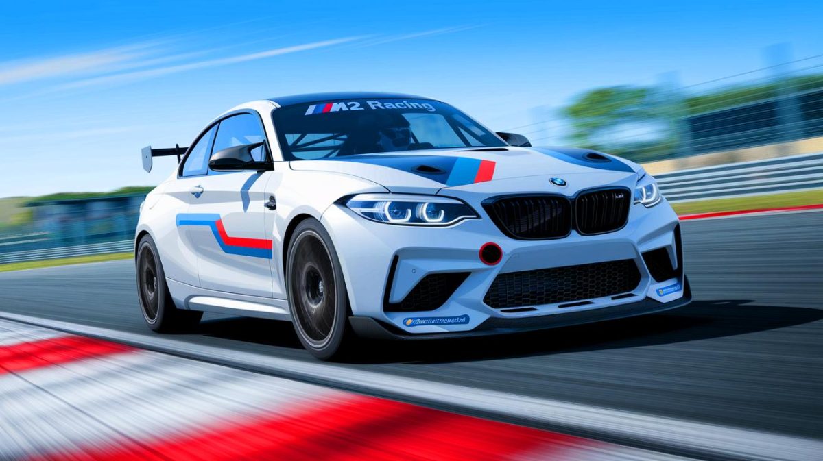 Illustration de la BMW M2 Racing sur circuit (création par IA, illustration non réaliste). Crédit : Ideogram.