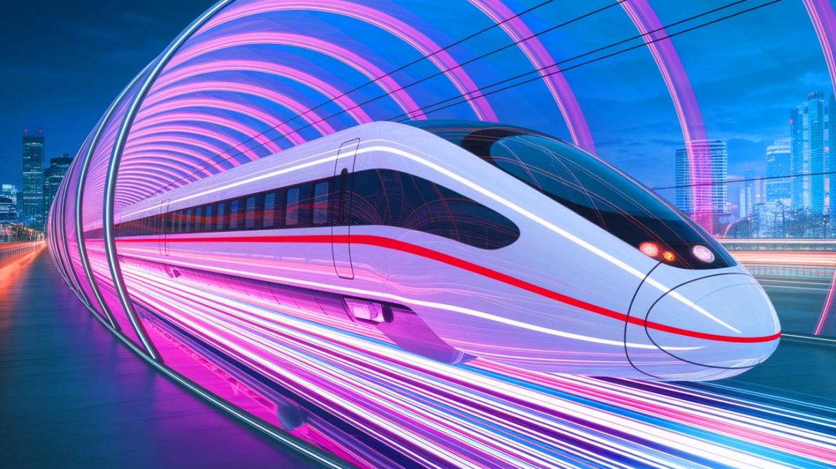 Illustration du projet innovant de train Hypertube à propulsion magnétique en Corée du Sud (création par IA, illustration non réaliste). Crédit : Ideogram.