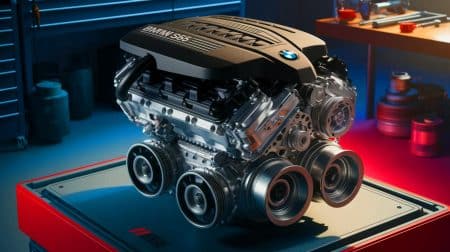 Illustration de la performance et des défis de fiabilité du moteur BMW S65 (création par IA, illustration non réaliste). Crédit : Ideogram.