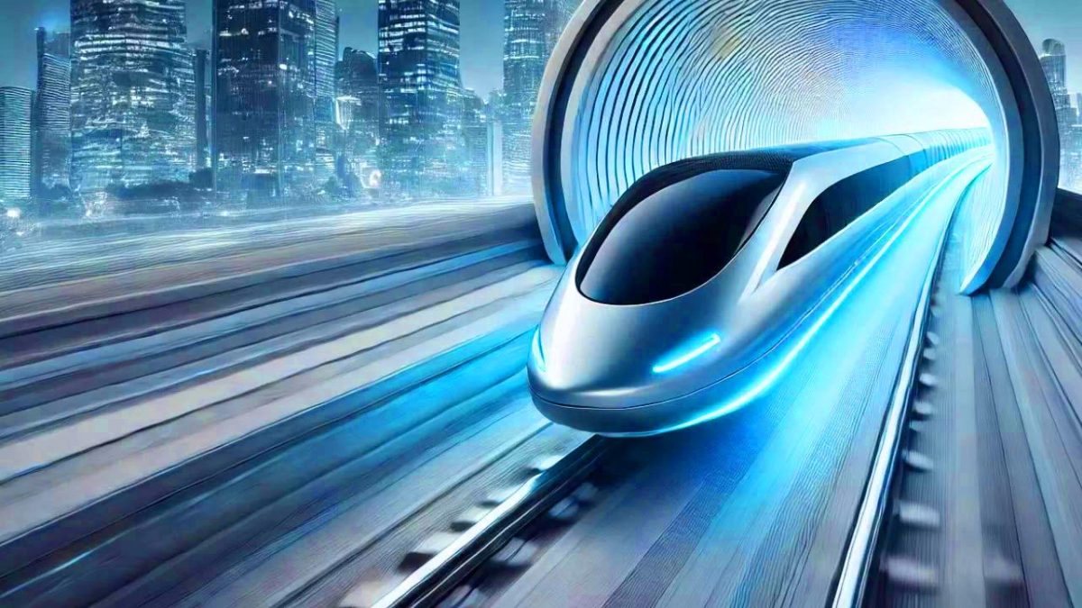 Illustration de la future ligne hyperloop entre Mumbai et Pune (création par IA, illustration non réaliste). Crédit : Ideogram.