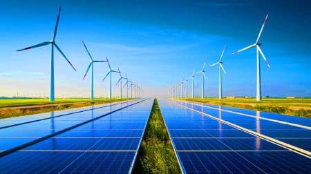 Illustration de l’autoroute solaire intégrant 26 éoliennes en Europe, symbolisant la transition énergétique durable (création par IA, illustration non réaliste). Crédit : Ideogram.