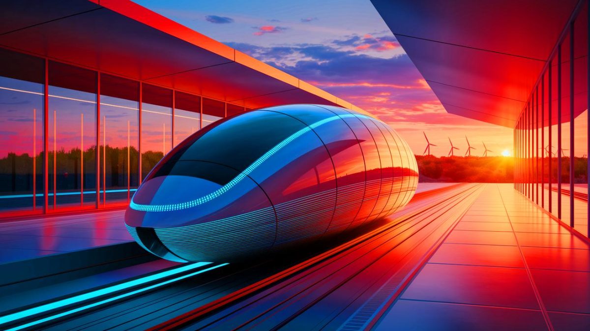 Illustration de l'Hyperloop propulsant une capsule à grande vitesse dans un tube sous vide (création par IA, illustration non réaliste). Crédit : Ideogram.