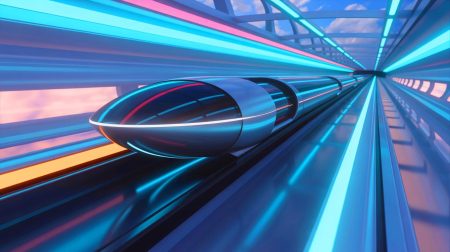 Illustration de la capsule Hyperloop européenne franchissant 88 miles à grande vitesse (création par IA, illustration non réaliste). Crédit : Ideogram.