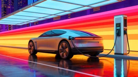 Illustration de la révolution des batteries solides dans les véhicules électriques, offrant autonomie et recharge rapide (création par IA, illustration non réaliste). Crédit : Ideogram.