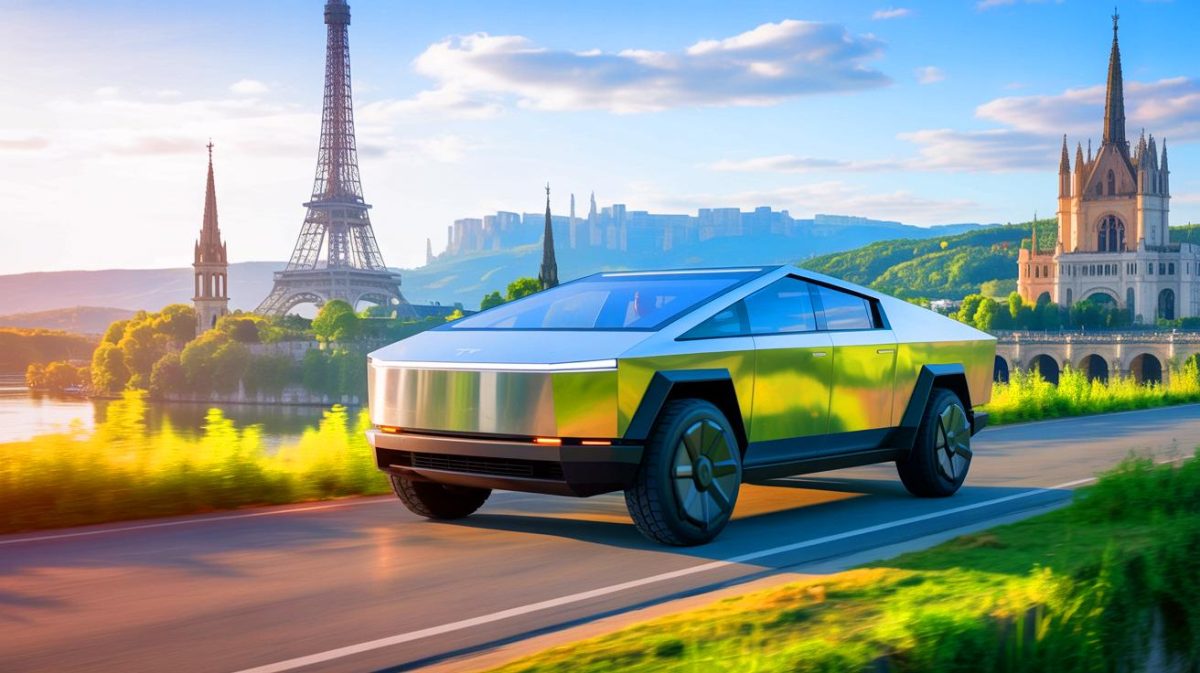 Illustration de l'arrivée attendue du Cybertruck de Tesla en France. Image réalisée par IA.
