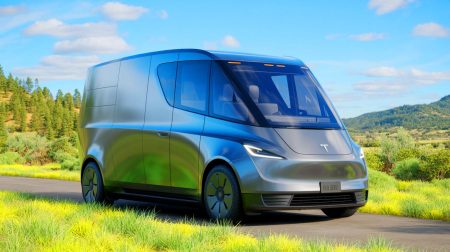 Illustration de Tesla Van, le concept de camping-car électrique inspiré du Tesla Semi (création par IA, non réaliste). Crédit : Ideogram