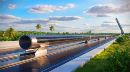 Illustration de l'installation Hyperloop à l'Institut Indien de Technologie de Madras, projet de transport futuriste en Inde (création par IA, non réaliste). Crédit : Ideogram