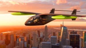 Illustration de l'eVTOL Cavorite X5 de Horizon Aircraft en vol au-dessus d'une ville. Image réalisée par IA.