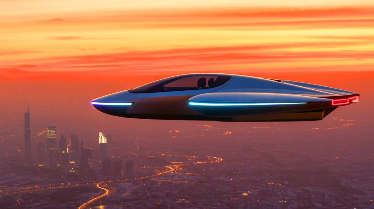 Illustration de la voiture volante Streetwing survolant une jungle luxuriante