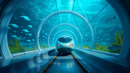 Illustration de la vision futuriste d'un train sous-marin reliant Dubaï à Mumbai. Image réalisée par IA.