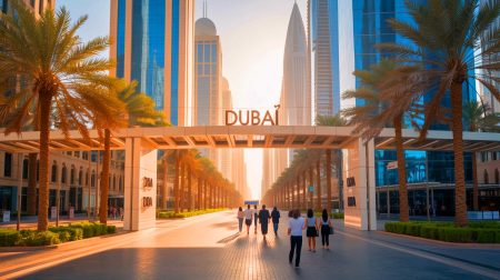 Illustration de la transformation de Dubaï en une ville piétonne futuriste avec des zones climatisées.