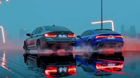 Duel automobile inédit : découvrez pourquoi cette BMW M5 et cette Audi RS7 Performance font trembler l’asphalte européen avec des accélérations fulgurantes et un design à couper le souffle Illustration de la BMW M5 et de l'Audi RS7 Performance sur une route de montagne
