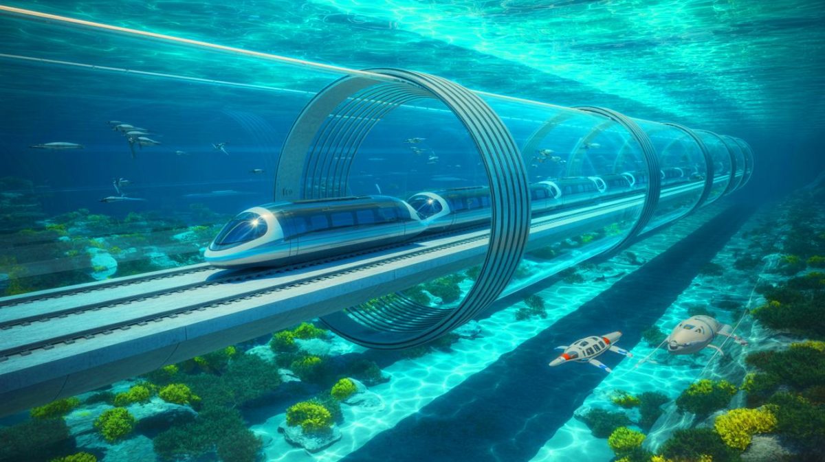 Illustration de la vision futuriste d'un tunnel sous-marin reliant Londres à New York. Image réalisée par IA.