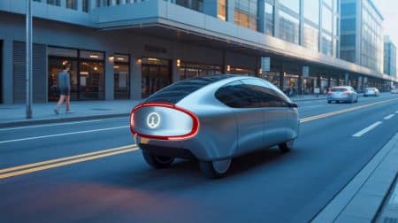 Illustration de la moto électrique auto-équilibrée C-1 de Lit Motors sur une rue urbaine moderne