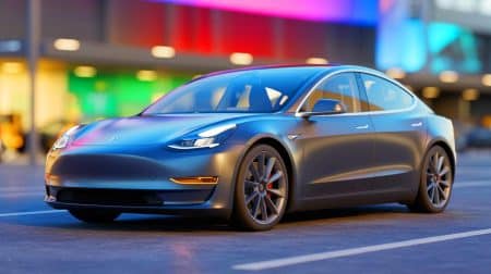 Illustration de la Tesla Model 3 restylée, reconnue pour sa sécurité exceptionnelle. Image réalisée par IA.
