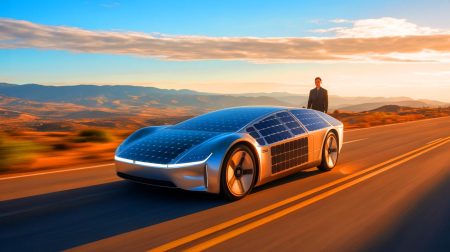 Illustration de l'Aptera, véhicule solaire électrique en phase de validation dans le désert.