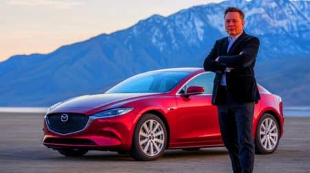 Illustration de la stratégie unique de Mazda intégrant l'électrification et le moteur rotatif dans un SUV futuriste.