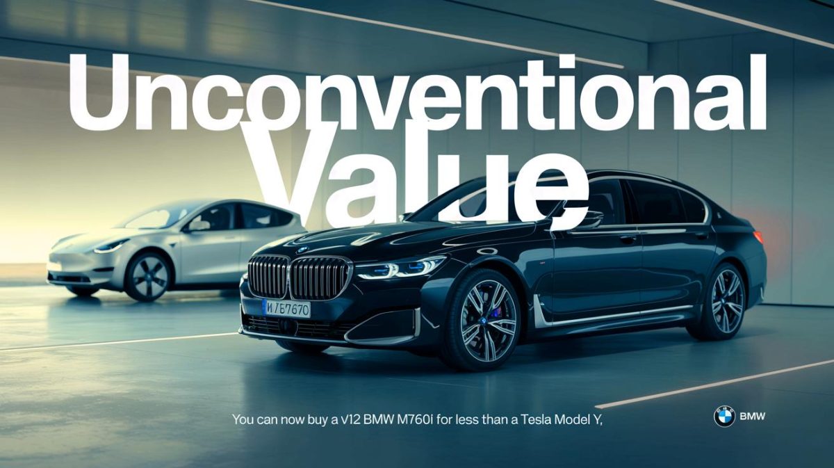 Illustration de la BMW M760i xDrive comparée à la Tesla Model Y dans un environnement urbain luxueux.
