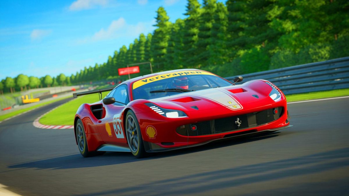Illustration de Max Verstappen testant une Ferrari 296 GT3 sur le circuit du Nürburgring. Image réalisée par IA.