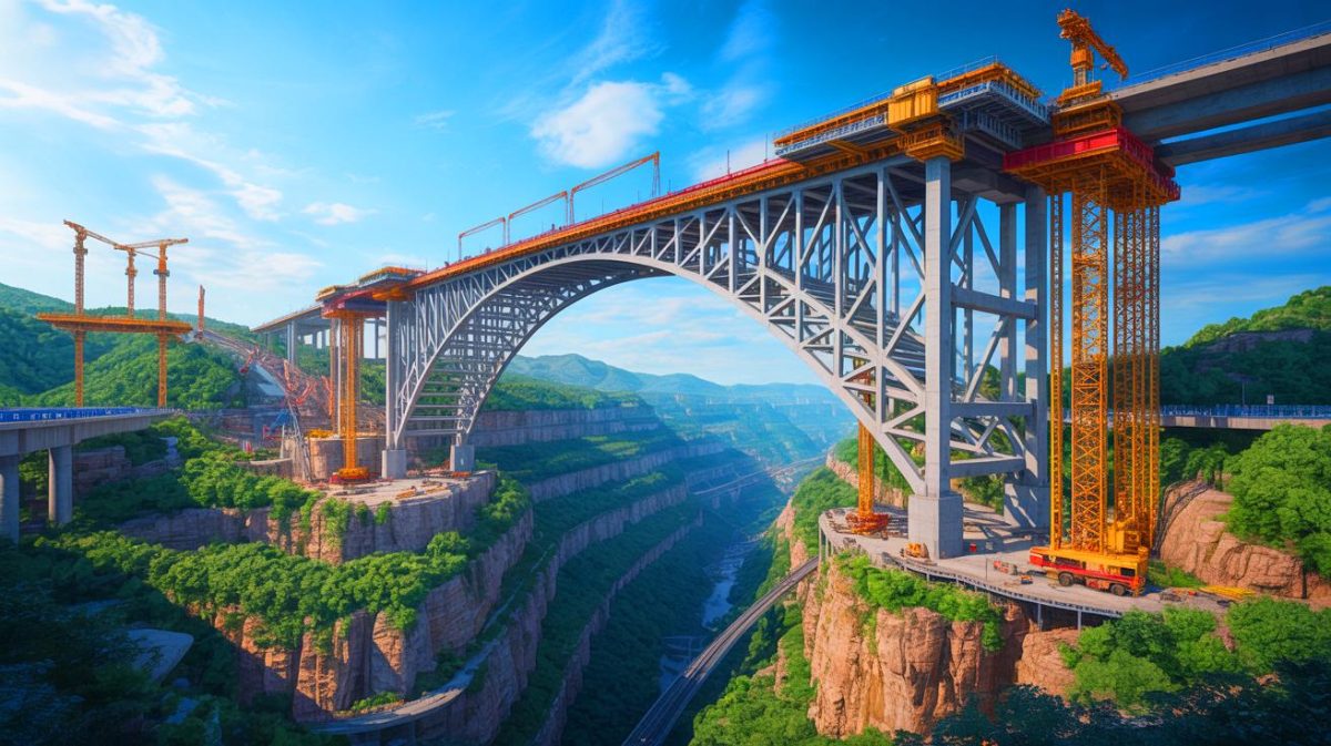 Illustration de la construction du pont de la Grande Faille de Huajiang en Chine (création par IA, non réaliste). Crédit : Ideogram