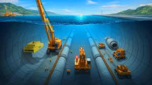 Illustration de la proposition de tunnel sous-marin entre la Chine et Taïwan (création par IA, non réaliste). Crédit : Ideogram