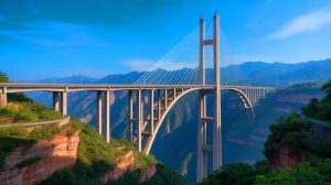 Illustration de la construction du pont du Grand Canyon de Huajiang, le plus haut pont du monde, en Chine (création par IA, non réaliste). Crédit : Ideogram