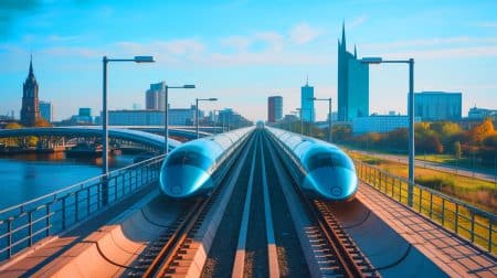 Illustration de l'Hyperloop traversant une ville européenne futuriste