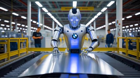 Illustration de robots humanoïdes intégrés à la ligne de production de BMW