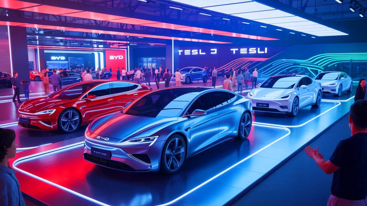 Illustration de la rivalité croissante entre BYD et Tesla sur le marché des véhicules électriques. Image réalisée par IA.