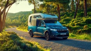Illustration de camping-car Dacia concept tout-terrain dans un paysage montagneux