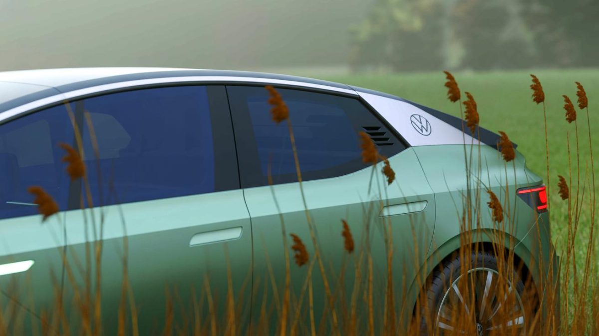 Illustration de la nouvelle Volkswagen ID.One électrique circulant dans une rue urbaine moderne