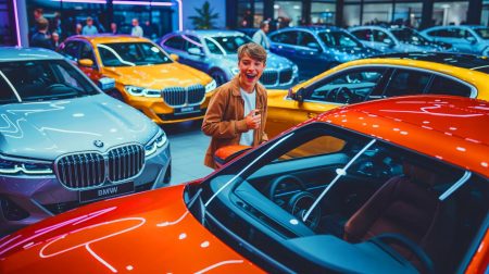 Illustration de jeunes conducteurs choisissant leur première BMW adaptée. Image réalisée par IA.