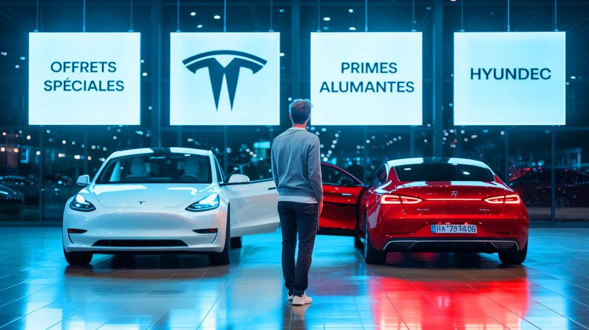 Illustration de rabais de conquête pour les véhicules électriques dans un showroom moderne.