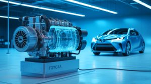 Illustration de la technologie de moteur à eau de Toyota utilisant la pile à combustible à hydrogène. Image réalisée par IA.