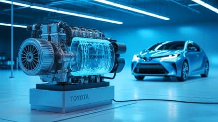 Illustration de la technologie de moteur à eau de Toyota utilisant la pile à combustible à hydrogène. Image réalisée par IA.
