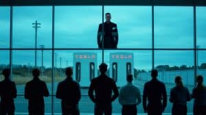Illustration de la manifestation au centre Tesla de Fremont. Image réalisée par IA.