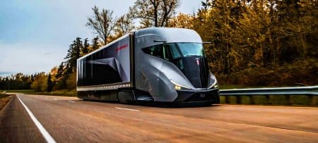 Illustration du SuperTruck 2, un camion hybride futuriste conçu pour réduire la consommation de carburant.