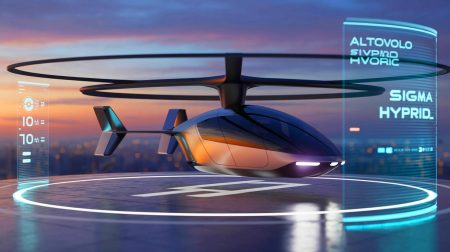 Illustration de l'eVTOL hybride Sigma d'AltoVolo volant silencieusement au-dessus d'une ville moderne