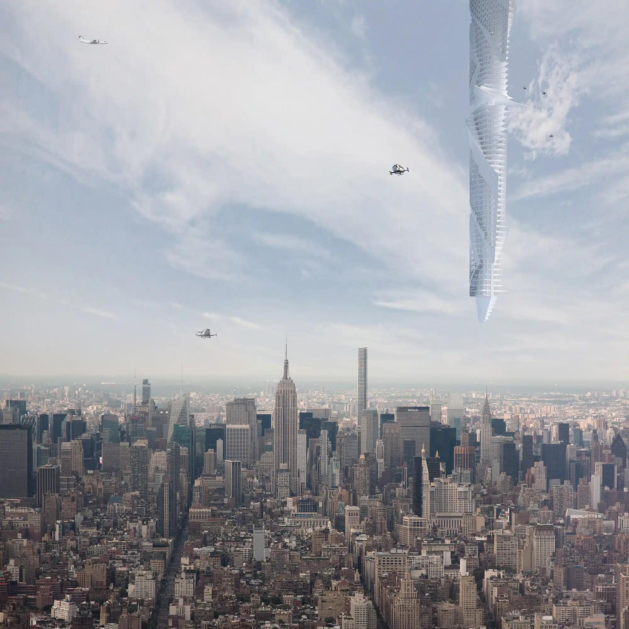 Un cabinet d'architectes de New York a imaginé un gratte-ciel futuriste suspendu à un astéroïde au-dessus de Dubaï.