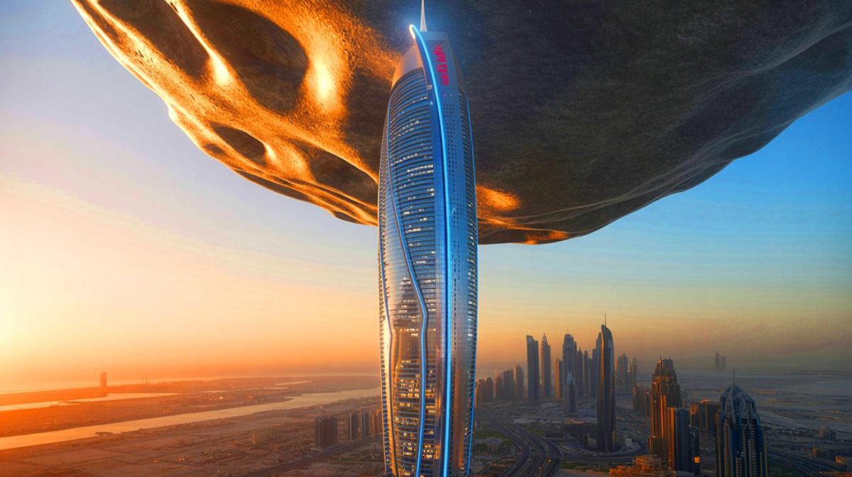 Illustration de la tour Analemma, un gratte-ciel futuriste suspendu à un astéroïde en orbite au-dessus de Dubaï.