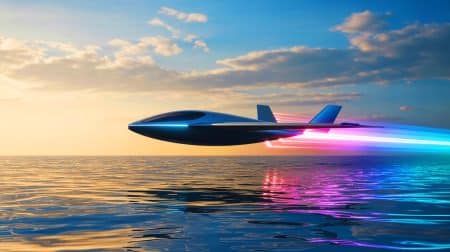 Illustration de l'innovation d'un véhicule électrique hydroptère naviguant au-dessus de l'eau.