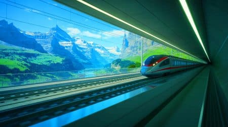 Illustration de la réduction du temps de trajet entre Zurich et Milan grâce au tunnel de base du Gothard. Image réalisée par IA.