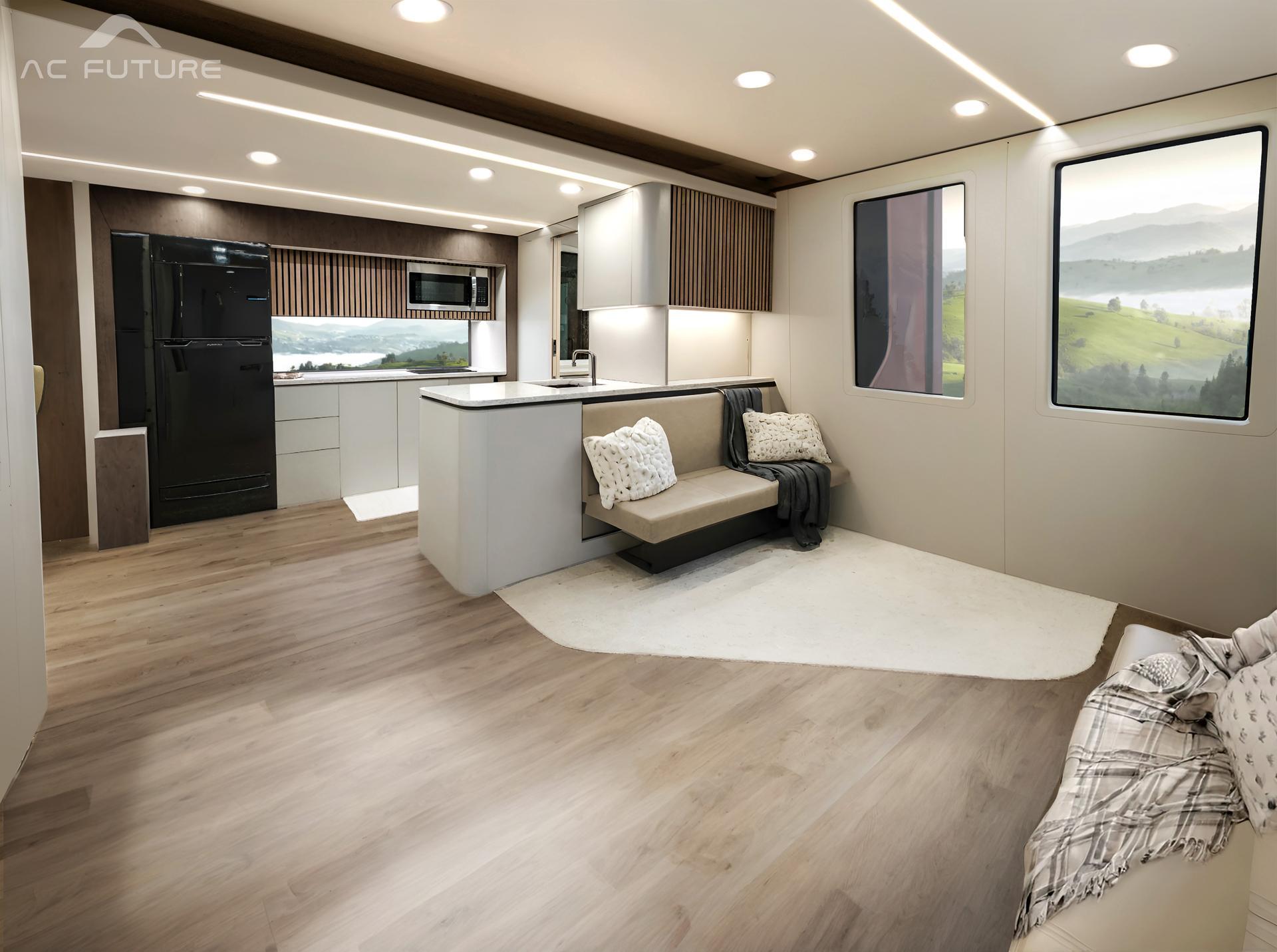 Un ou les deux canapés devraient se transformer en lits d'appoint, et tout cet espace vide à gauche est utilisé pour ranger le mobilier de salle à manger pliable